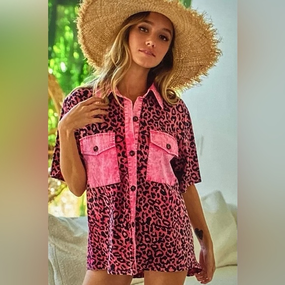 BiBi Tops - BiBi Pink Leopard Print Button-Up Shirt